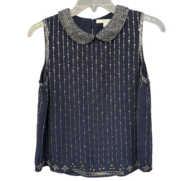 Piperlime Collection Navy Beaded Sleeveless Top Peter Pan Collar Small - Picture 1 of 6